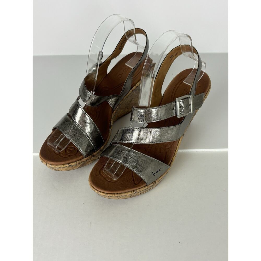 BOC Metallic Silver Cork Wedge Slingback Sandals Sz 9 Faux Leather Boho Comfort‎